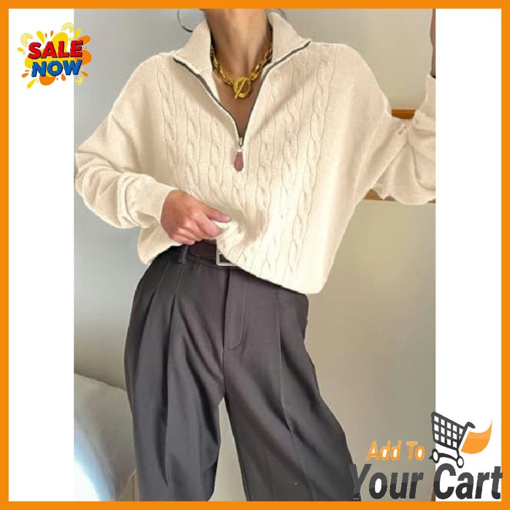 Quarter Zip Ribbed Cable Knit Pullover Sweater - … - image 4